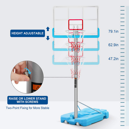 Poolside Basketball Hoop System Portable Swimming Pool Basketball Goal Set Game Stand Adjustable Height 47’’-79’’ Outdoor Indoor for Kid Adult W PVC Shatterproof Backboard Basketball Rim Net