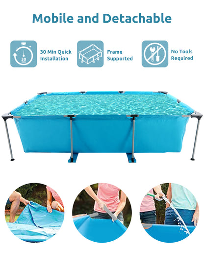 Swimming Pool Above Ground Swimming Pool Rectangle Swimming Pool with Metal Frame and Accessories 118x79x29.5 Inch for Child & Adult Backyard Lawn Bule