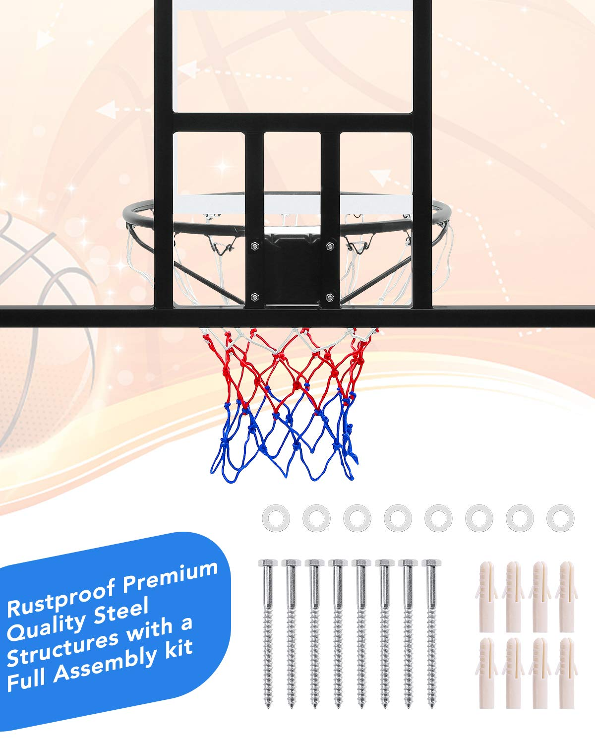 44 Inch Basketball Backboard Wall-Mount Hoops & Goals Rim Combo Kit&Shatterproof Polycarbonate Board&All-Steel Rustproof Frame&for Standard No.7 Balls