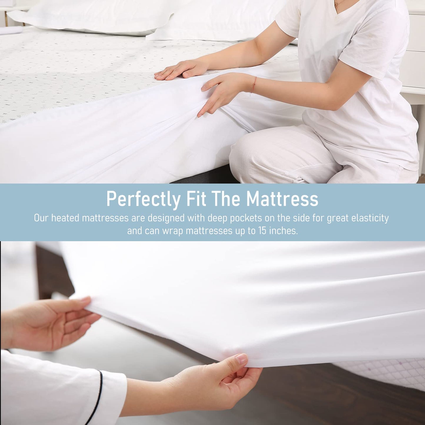 Heated Mattress Pad Queen Dual Control with Ventilated Technology, 100% Polyester Heated Mattress Cover with 4 Heating Levels & 10 Hours Auto Off, Fast Heating & Machine Washable