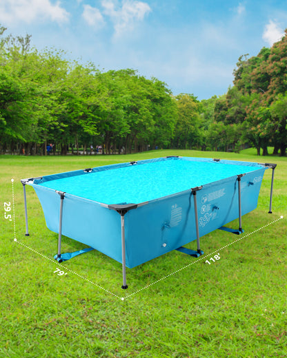 Swimming Pool Above Ground Swimming Pool Rectangle Swimming Pool with Metal Frame and Accessories 118x79x29.5 Inch for Child & Adult Backyard Lawn Bule