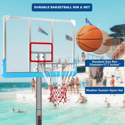 Poolside Basketball Hoop System Portable Swimming Pool Basketball Goal Set Game Stand Adjustable Height 47’’-79’’ Outdoor Indoor for Kid Adult W PVC Shatterproof Backboard Basketball Rim Net