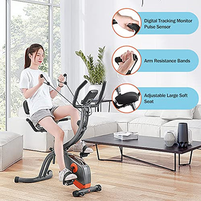 Exercise Bike Foldable Stationary Bike High configuration Magnetic Upright Recumbent Portable Fitness Cycle with Arm Resistance Bands/Extra Large Adjustable Backrest Seat/LCD Display/Pulse Sensor/for Home Indoor (3-IN-1 2021 upgraded)