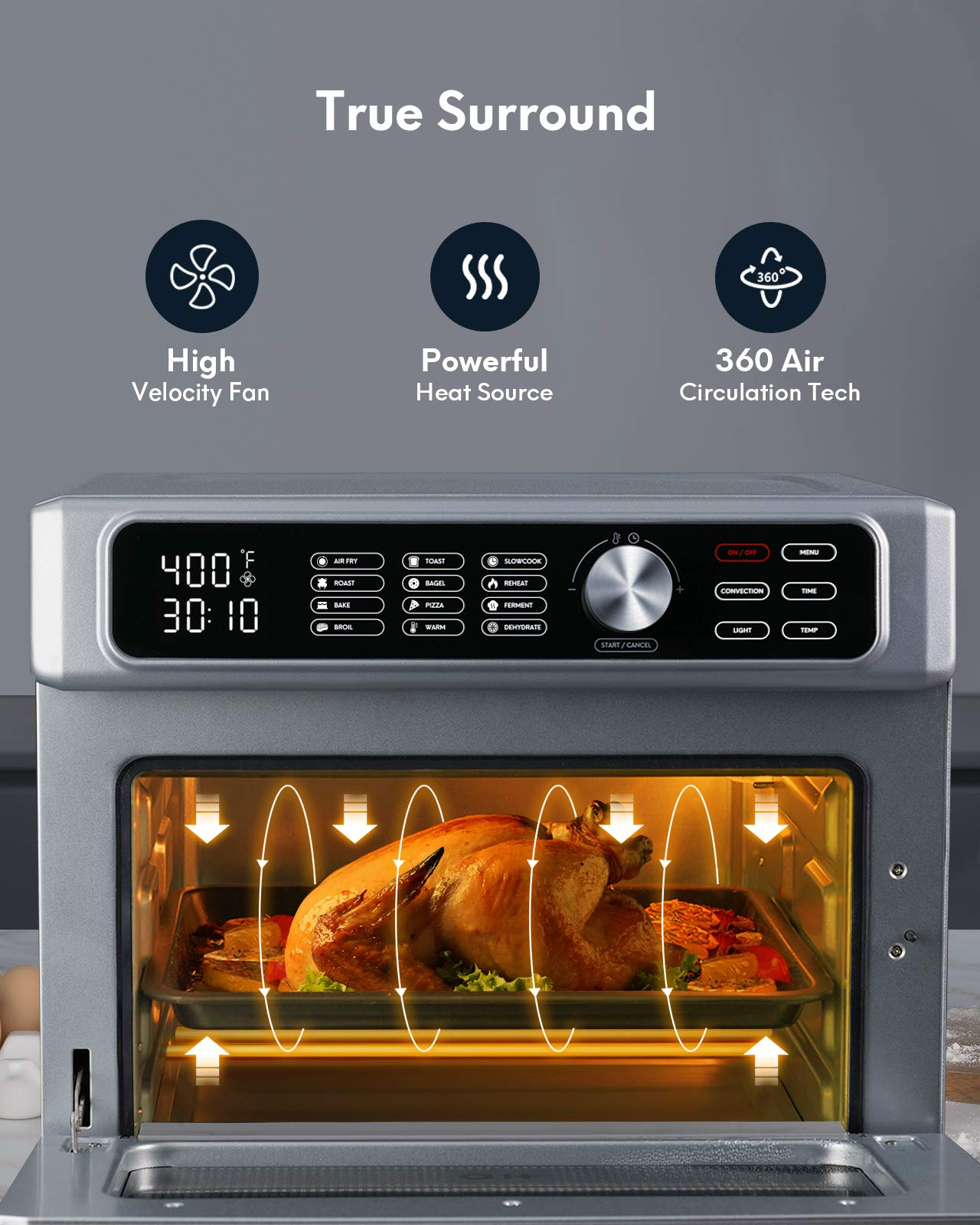 Toaster Oven 12-in-1 Air Fryer Combo, Digital Convection Oven And Dehydrator for Chicken,Pizza and Cookies, Large 24 QT Countertop Oven with 100 Online Recipes, Stainless Steel, 1700W