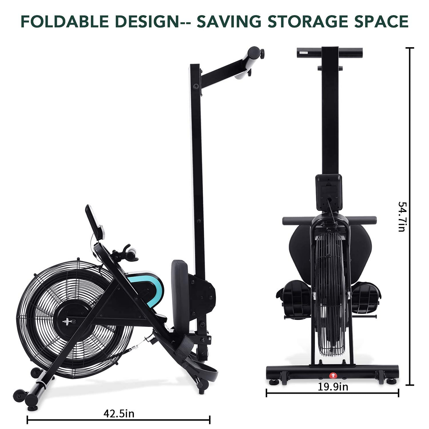 Air Rowing Machine Rower with LCD Monitor, 220LB Weight Capacity, 51 Inch Rail Length, Foldable Air Rower Adjustable Resistance for Gym Cardio Exercise Home Use