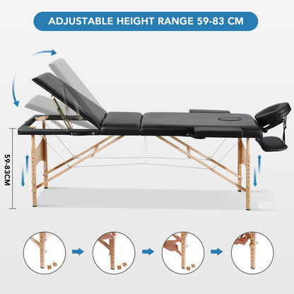 Entil Massage Table Spa Bed Portable 3 Sections Wooden Legs with Face Hole Carrying Bag - NAIPO