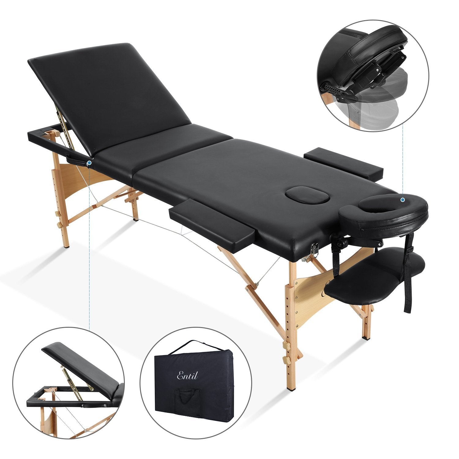 Entil Massage Table Spa Bed Portable 3 Sections Wooden Legs with Face Hole Carrying Bag - NAIPO