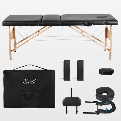 Entil Massage Table Spa Bed Portable 3 Sections Wooden Legs with Face Hole Carrying Bag - NAIPO