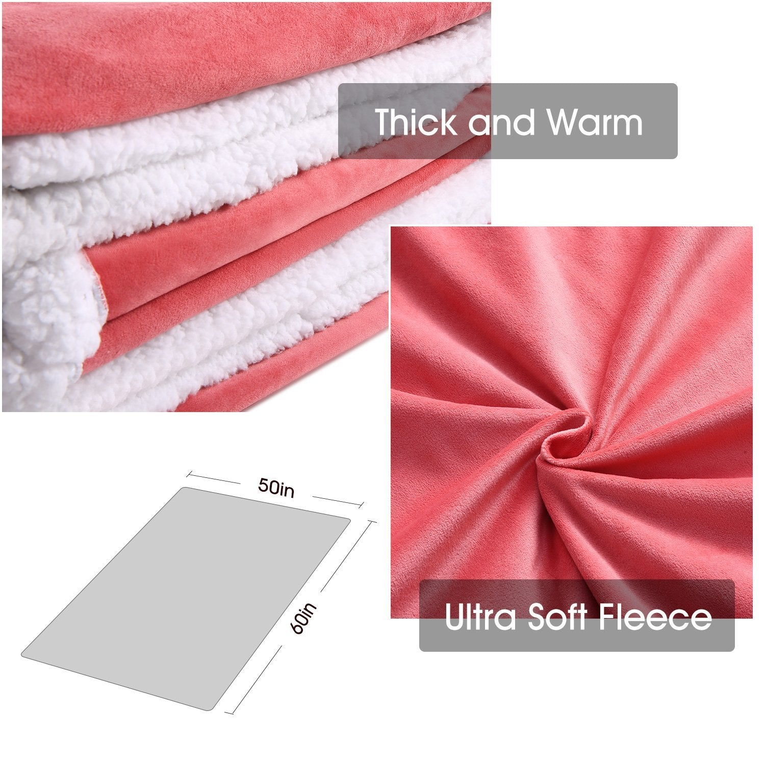 Heated Blanket Electric Throws Lightweight Soft Double-Layer Plush Blanket, 3 Heat Settings, Fast Heating, 2H Auto Off, 50" x 60" Pink, Travel Home Office Use, Machine Washable - NAIPO