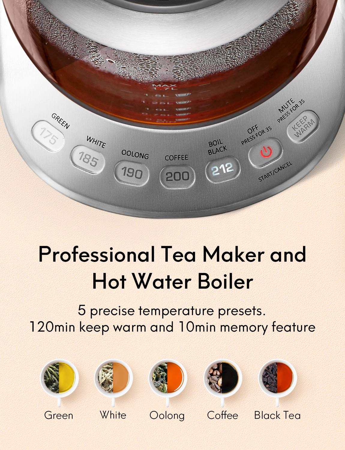 Electric Tea Kettle Water Boiler Glass Tea Kettle with Auto Shut-Off & 60 Mins Auto Keep Warm & 5 Variable Presets & Boil-Dry Protection & Detachable Tea Infuser, 1.7L & 2200 W - Stainless Steel