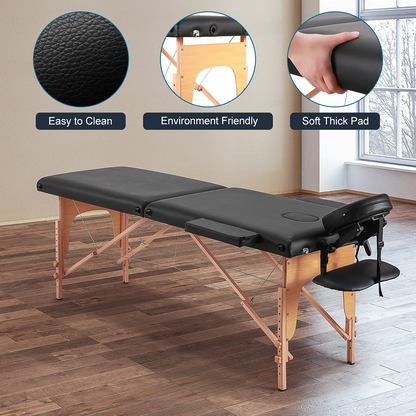 Massage Table Portable 2 Sections Massage Table, Height Adjustable with Headrest, Armrest, Carrying Bag - Black