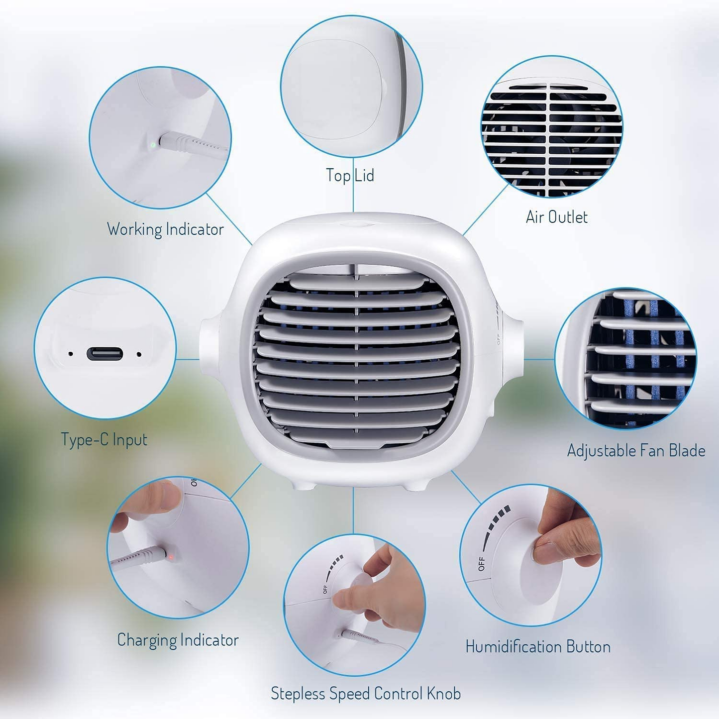 Portable Air Conditioner Fan Evaporative Portable Cooler Fan Space Cooler Fan Quiet Desk Fan with USB Recharged