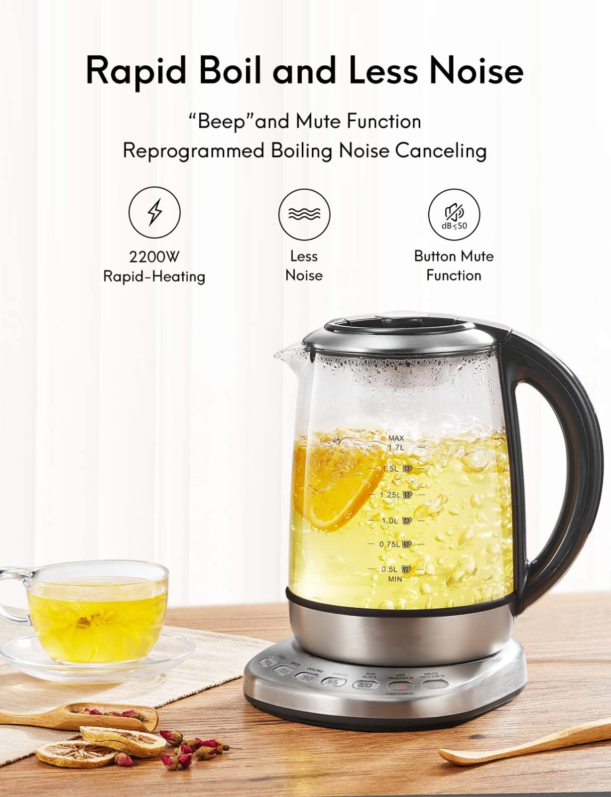 Electric Tea Kettle Water Boiler Glass Tea Kettle with Auto Shut-Off & 60 Mins Auto Keep Warm & 5 Variable Presets & Boil-Dry Protection & Detachable Tea Infuser, 1.7L & 2200 W - Stainless Steel