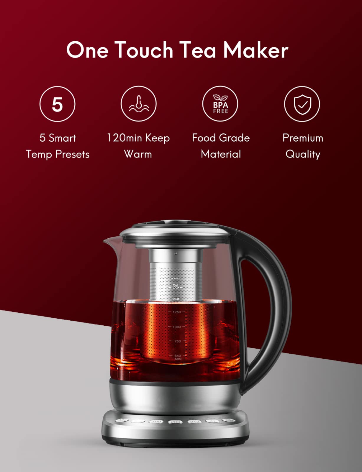 Electric Tea Kettle Water Boiler Glass Tea Kettle with Auto Shut-Off & 60 Mins Auto Keep Warm & 5 Variable Presets & Boil-Dry Protection & Detachable Tea Infuser, 1.7L & 2200 W - Stainless Steel