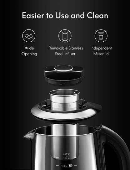 Electric Tea Kettle Water Boiler Glass Tea Kettle with Auto Shut-Off & 60 Mins Auto Keep Warm & 5 Variable Presets & Boil-Dry Protection & Detachable Tea Infuser, 1.7L & 2200 W - Stainless Steel