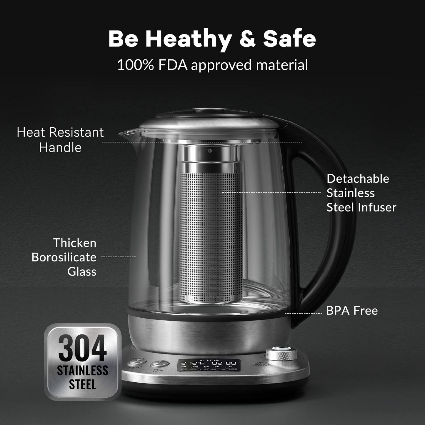 Electric Kettle Tea Maker 1.7 L, 100% Stainless Steel, Smart Temperature Control, Removable Infuser, Keep Warm, Auto-off, Anti-boil protection, BPA free