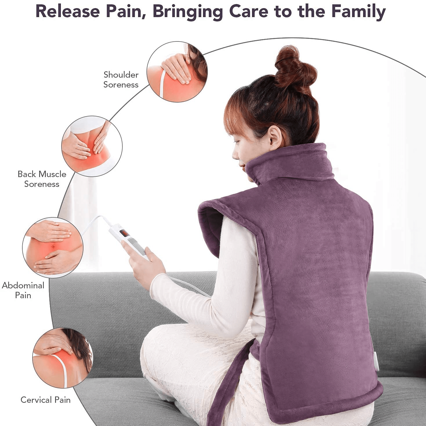 Large Electric Heating Pad for Back and Shoulders, 24”x33” Heat Wrap Vest with 6 Heating Levels, 1.5 Hours Auto Shut Off Available, Purple - NAIPO