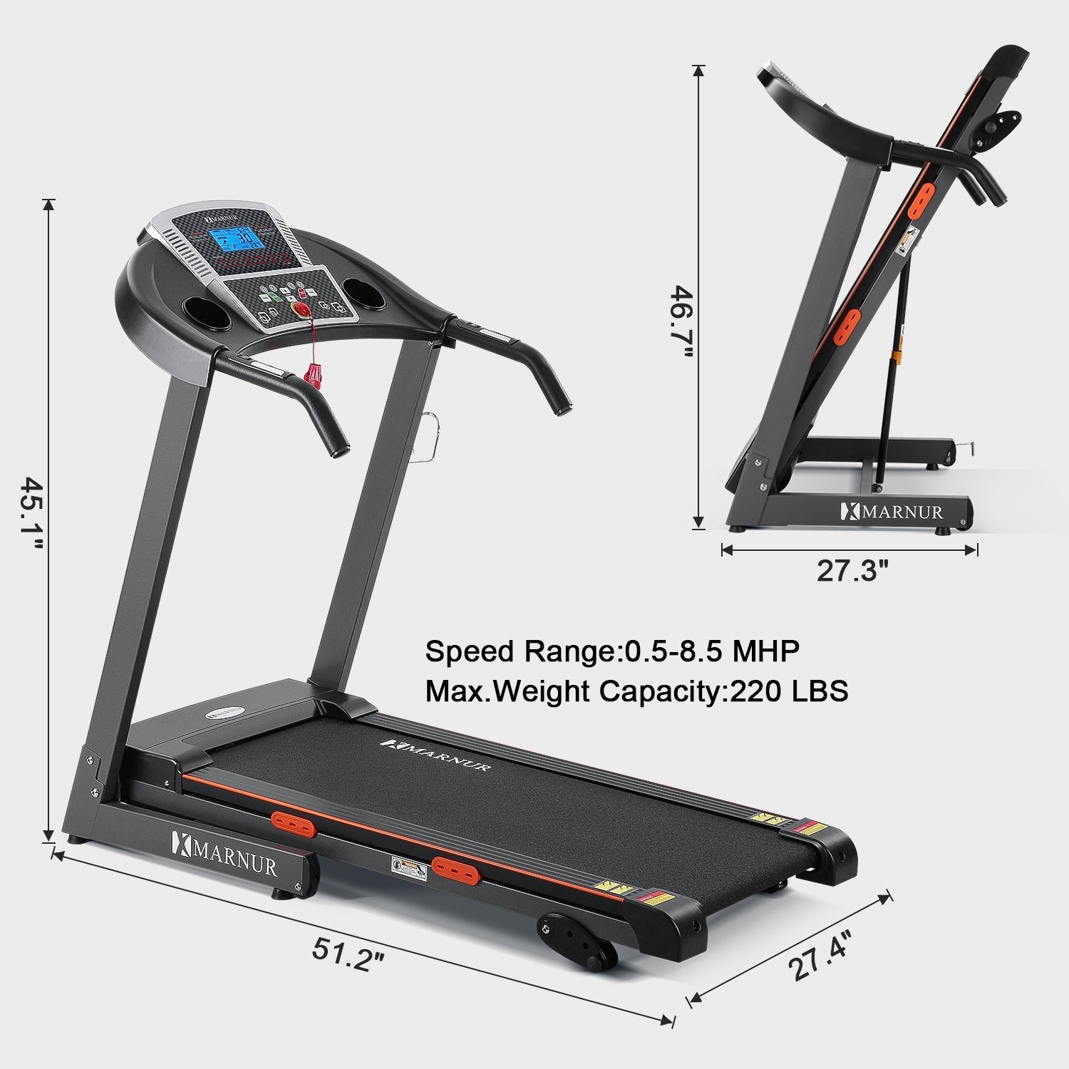 MARNUR Electric Treadmill Foldable 17" Wide Running Machine 3 Levels Manual Incline 2.5 HP Power 15 Preset Program Easy Assembly Max Speed 8.5 MPH with Large Display & Cup Holder for Home Use - NAIPO