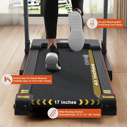 MARNUR Electric Treadmill Foldable 17" Wide Running Machine 3 Levels Manual Incline 2.5 HP Power 15 Preset Program Easy Assembly Max Speed 8.5 MPH with Large Display & Cup Holder for Home Use - NAIPO