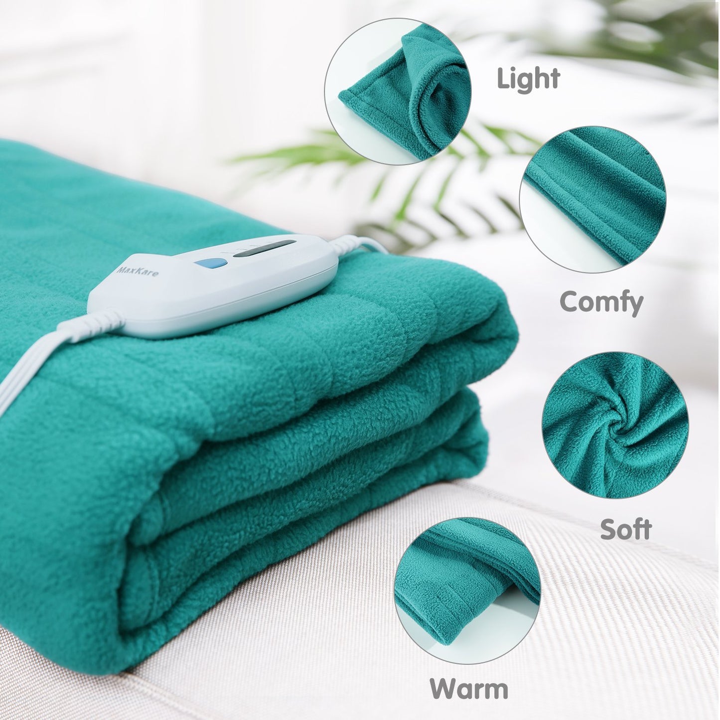 MaxKare Electric Heated Throw Blanket Polar Fleece 50"x 60" Lightweight Cozy Ultra-Warm Premium Microfiber Snap Lap Blankets with Auto-Off 4 Heating Levels-Lake Green - NAIPO