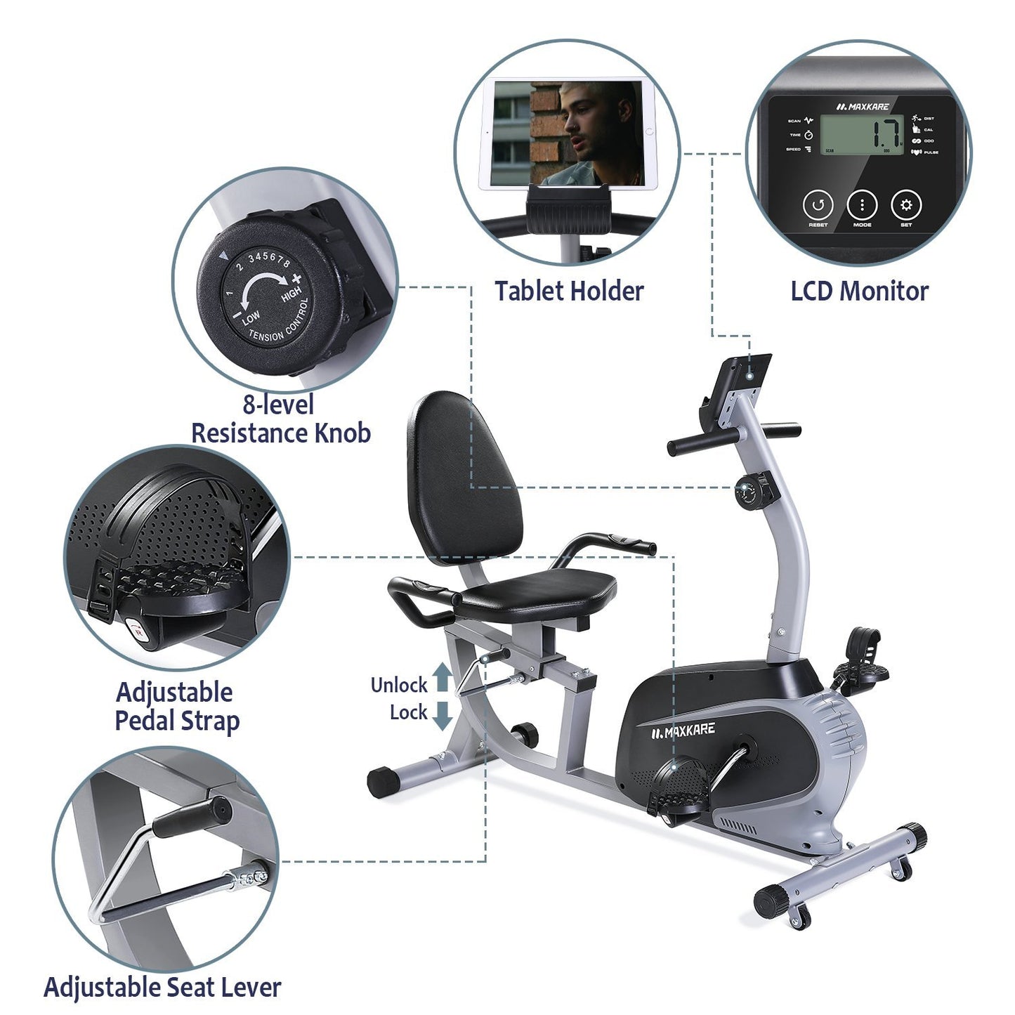 MaxKare Recumbent Exercise Bike Indoor Cycling Stationary Bike with Adjustable Seat and Resistance, Pulse Monitor/Phone Holder (Seat Height Adjustment by Lever) - NAIPO